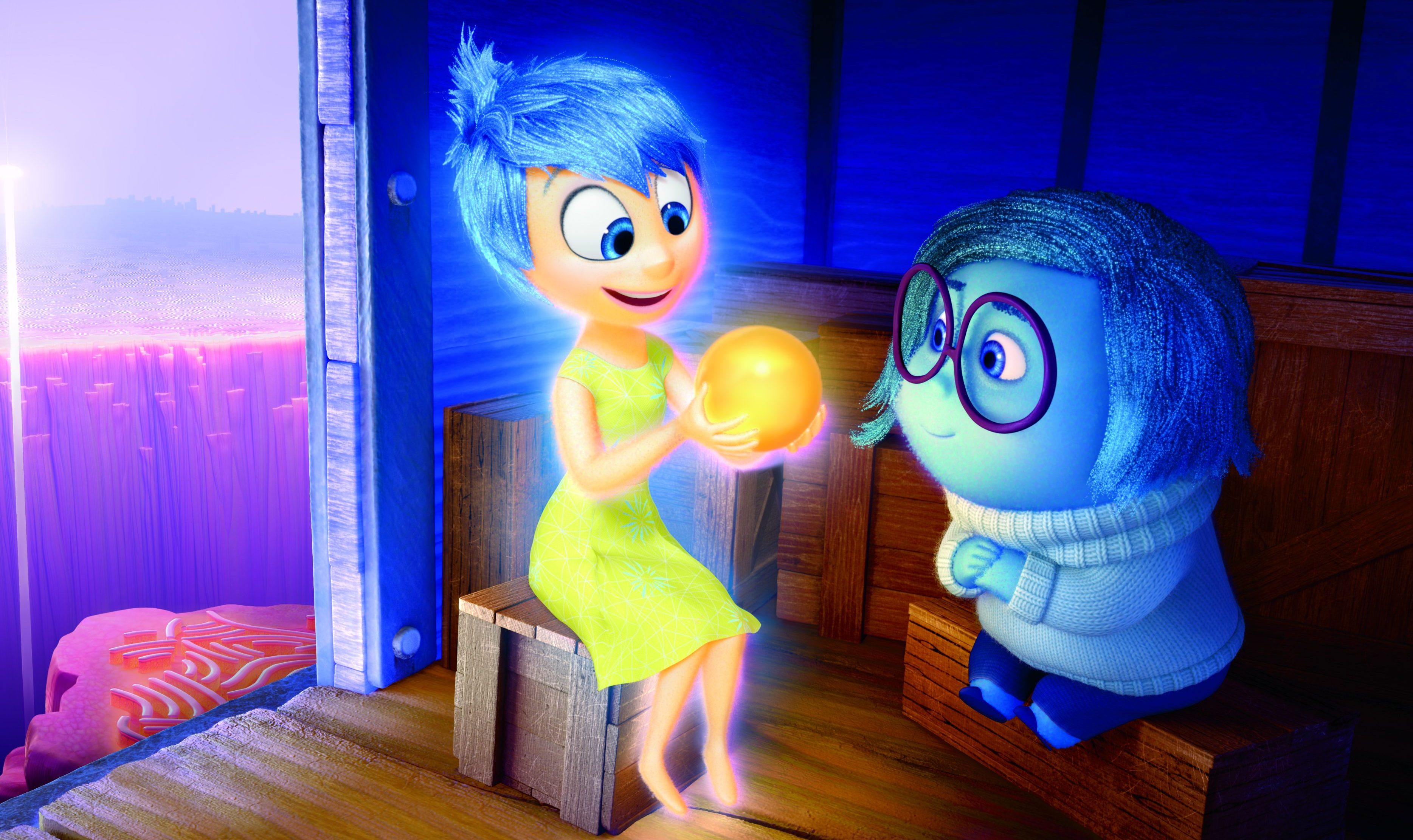 Joy (voice of Amy Poehler) and Sadness (voice of Phyllis Smith) catch a ride on the Train of Thought in Disney•Pixar's "Inside Out." Directed by Pete Docter (“Monsters, Inc.,” “Up”), "Inside Out" opens in theaters nationwide June 19, 2015. ©2014 Disney•Pixar. All Rights Reserved.